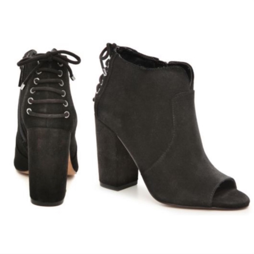 Jessica Simpson Korissa Black Suede Peep Toe Heeled Lace Up Back Bootie Size 5.5